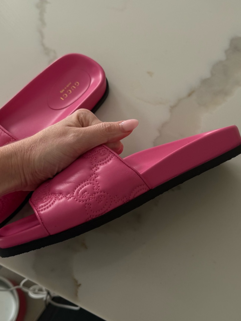 Gucci GG Charlotte Flats Pink Leather Slides Sandals - Picture 8 of 9